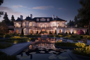 Fototapeta premium Luxury real estate and high-end property concept with a magnificent mansion, landscaped gardens, and a panoramic view of a prestigious location.