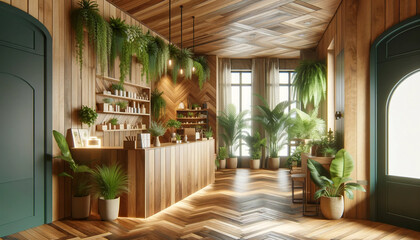 An inviting interior of a small business, featuring wooden elements and greenery. The space has a warm, natural feel with polished wooden floors.