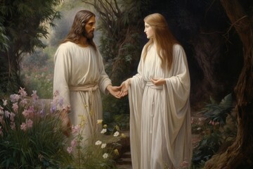 Mary Magdalene encountering the resurrected Jesus in a garden