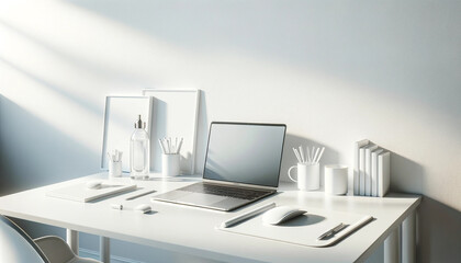 Minimalistic home office workspace, showcasing a clean and organized desk in a white-themed setting. The desk is a sleek white surface