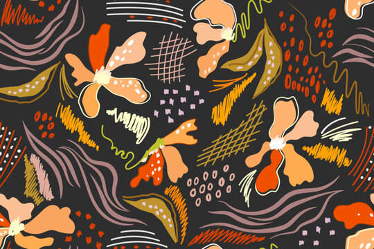 Abstract floral print hand drawn. Vector trendy seamless pattern. Modern creative collage of botanical and geometric sketches.