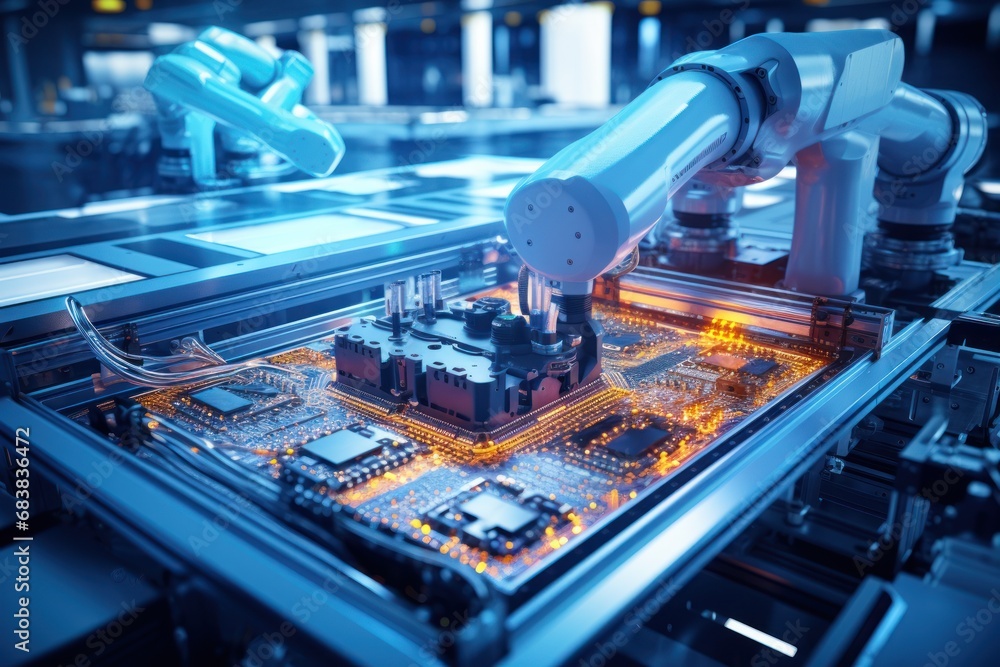 Aufkleber robotic arm assembling circuit board in high-tech factory.