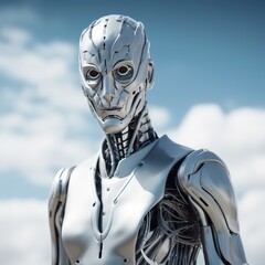 a robot in a silver suit