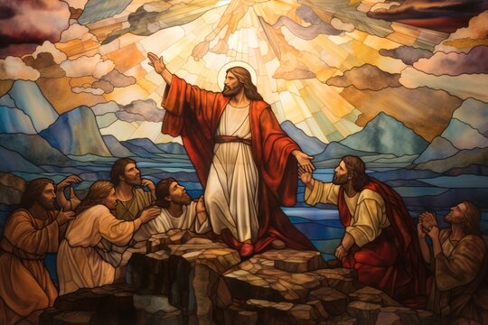 Stained glass artwork of Jesus Christ performing miracles