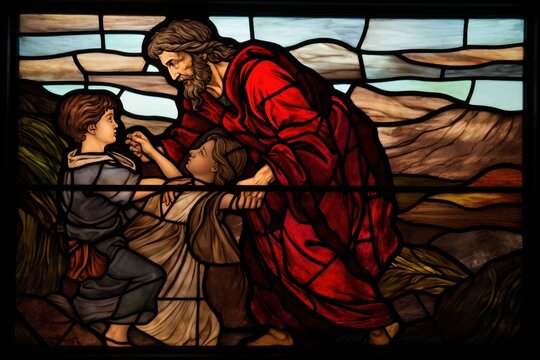 Stained glass depiction of the Prodigal Son's return, a biblical story