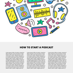 Obraz premium Article template with space for text and doodle podcast icons.