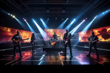 Virtual concert experience with a live band performing in a digital world.