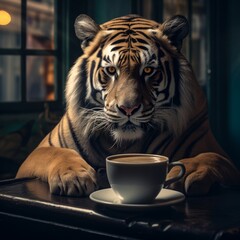 a tiger sitting at a table with a cup of coffee - obrazy, fototapety, plakaty