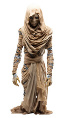 Studio shot portrait of scary mummy pose. halloween cosplay like a clamber acting. Isolated on Transparent background