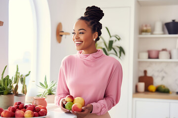 A young African American woman in a pink blouse stands in a light minimalist kitchen with a plate of fresh fruit. Vegetarianism and Veganuary concept - obrazy, fototapety, plakaty