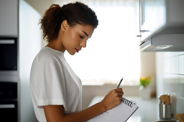 Young African American woman writing a grocery list to avoid impulse purchases - obrazy, fototapety, plakaty