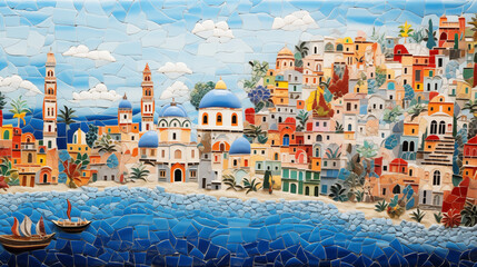Landscape of a Mediterranean town on a hot summer afternoon, view from the sea. Mosaic tapestry style. - obrazy, fototapety, plakaty