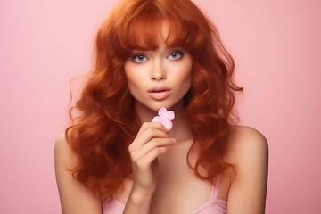 Fotobehang A red-haired girl on a pink background takes vitamins in the form of chewing candies for the beauty of her skin and hair. © ribalka yuli