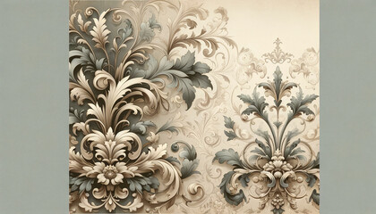 Elegant and classic website background with vintage floral motifs and ornate scrollwork in muted tones, ideal for upscale sites - obrazy, fototapety, plakaty