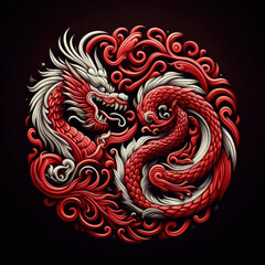 3d Logo illustration of dragon carving on dark background