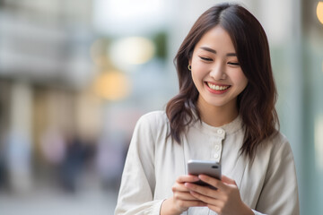 Beautiful Japanese woman smiling with her smartphone - obrazy, fototapety, plakaty