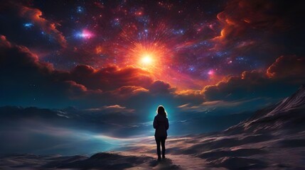 Obraz premium Fantasy sci-fi galaxy space night sky and mountainous landscape on a exo planet with a girl looking at the sky