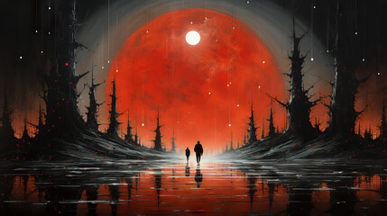 Title: "Red Moon Rendezvous"
In a dystopian dreamscape, two figures converge under the ominous glow of a gargantuan red moon.