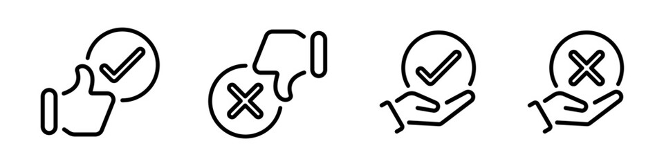 Check mark vector icon. Thumb up and thumb down. Tick and cross icons.