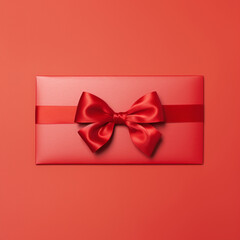 Blank red gift card with red ribbon bow isolated on red background