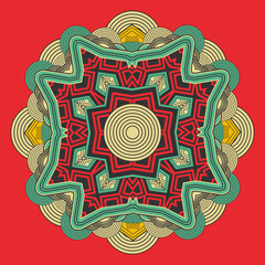 Vintage mandala in an original palettein retro style. Red background. Vector illustration