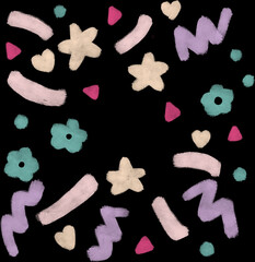 Colorful abstract cute heart bloom star Polka Background. Pastel Wrapping Paper. Multicolor confetti Wallpaper on black