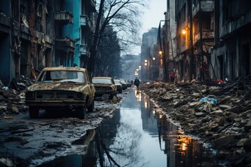 somber reality of bombed-out buildings in the context of the war in Ukraine