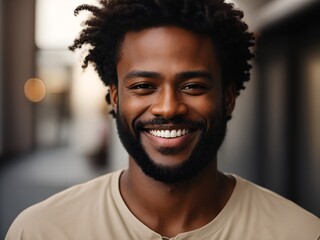 A closeup photo portrait of a handsome black afro American man smiling with clean teeth. for a dental ad. guy with beard with strong jawline. isolated on white background.

