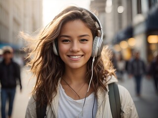 A closeup photo portrait of beautiful white teenage girl smiling and walking and listening to music with over-ear headphones. blurry city street in the background.
