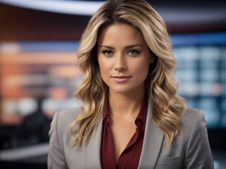 A photo of a tv news female presenter on a popular channel. live stream broadcast on television. beautiful white american british woman in a suit. weather forecast in a studio.
