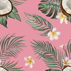 Seamless floral pattern with palm leaves and coconuts hand-drawn painted in watercolor style. The seamless pattern can be used on a variety of surfaces, wallpaper, textiles or packaging
