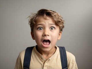 A young kid boy expressing surprise and shock emotion with his mouth open and big wide open eyes. isolated on white background.
