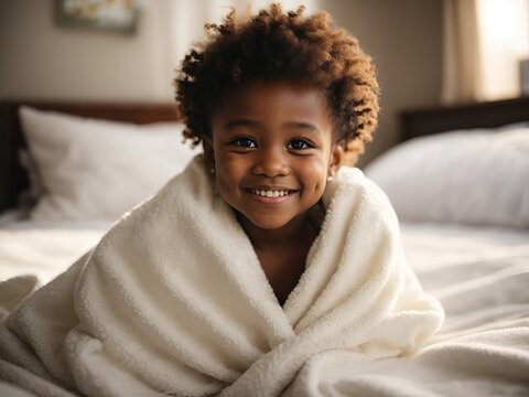 A very cute little black African baby kid with afro hair wrapped in soft white blanket on a bed smiling. image perfect for ads. big beautiful eyes and tiny nose.
