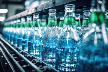 production of drinking water in glass bottles in the workshop, the process of production of bottled mineral water