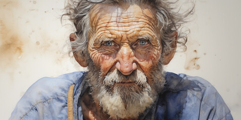 Elderly man, watercolor portrait, rich textures in the hair and wrinkles, deep-set eyes, warm earth tones