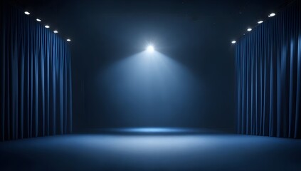 Empty Theater Scene. Blue Stage Spotlight. Blank Blue Stage Illuminated by Spotlights from Above.
