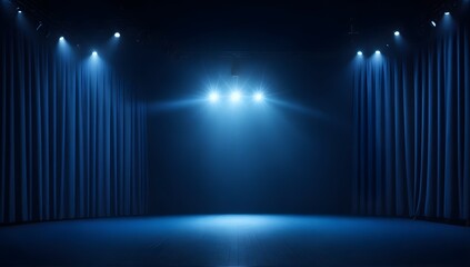 Blue Stage Spotlight. Empty Theater Scene. Blank Blue Stage Illuminated by Spotlights from Above. - obrazy, fototapety, plakaty