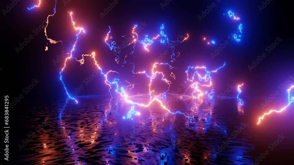 Poster neon design blue red lightings. 4k video with various neon elements and a reflecting floor. looped 3