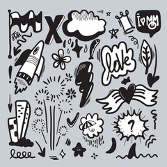 Hand drawn set elements, black on grey background. Arrows, hearts, love, firework, light, flowers, crowns, flag, swirls, rocket.