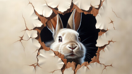 Rabbit breaking the wooden paper hole background. Easter rabbit hide and seek the mystery Easter eggs in Easter day concept. - obrazy, fototapety, plakaty
