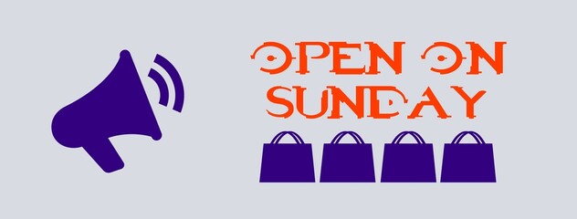 Illustration written in English Open on Sunday in orange font with purple speaker and shopping bag...