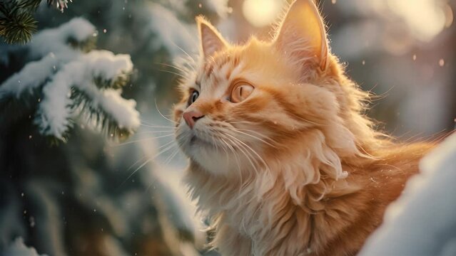 Orange cat near the Christmas tree, snow is slowly falling