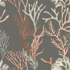 Seamless pattern with seaweeds and corals hand-drawn painted in watercolor style. The seamless pattern can be used on a variety of surfaces, wallpaper, textiles or packaging  - obrazy, fototapety, plakaty