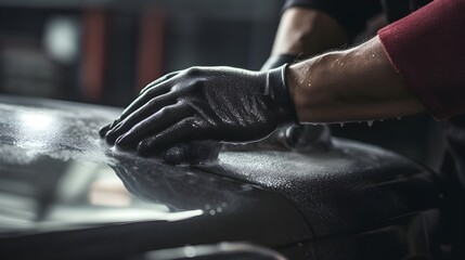 mechanic hands wearing black gloves, giving thick foam wash with a sponge to car, in a modern garage