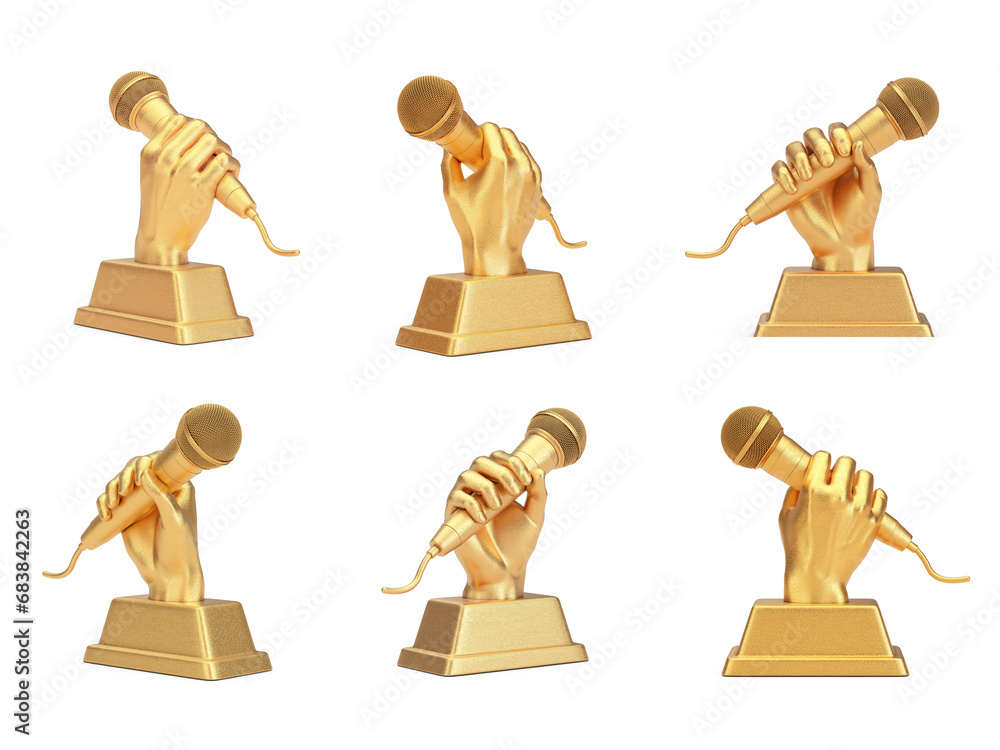 Aufkleber Golden Music Award Trophy in Shape of Hand with Microphone in Different Position. 3d Rendering