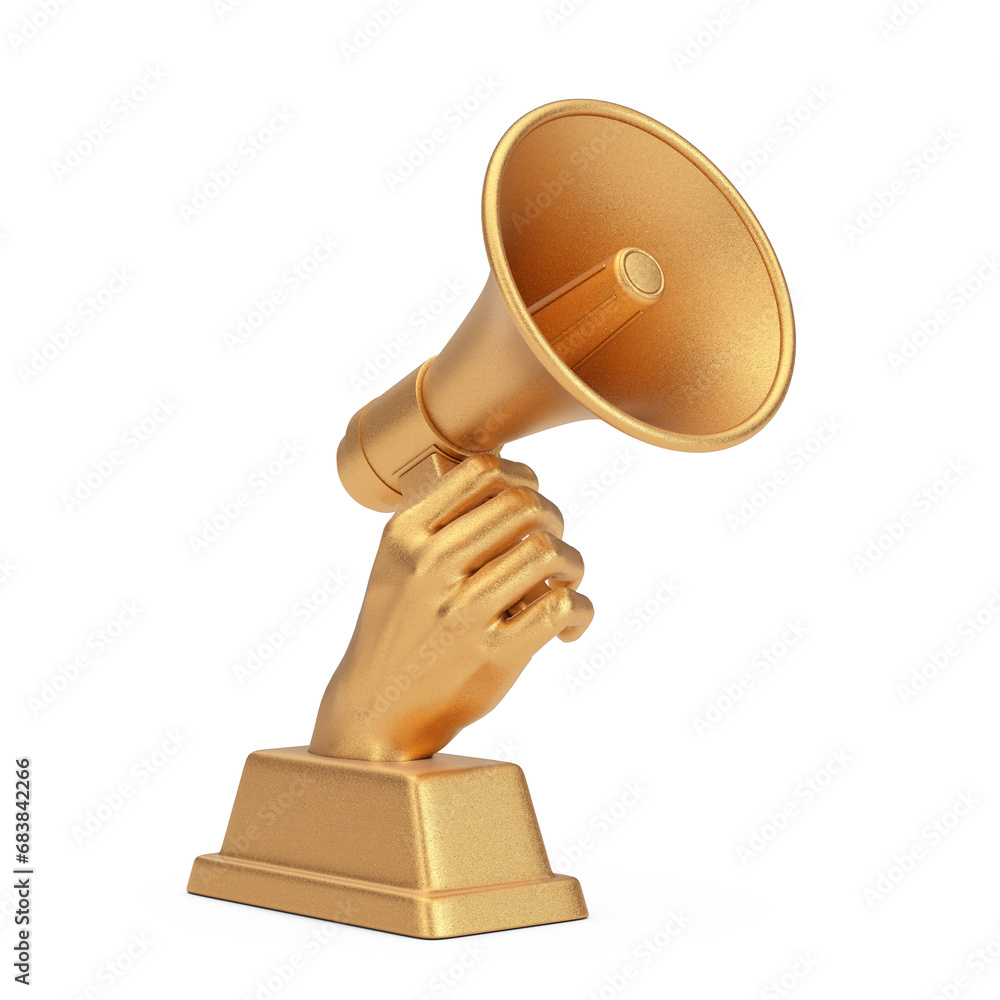 Poster golden business award trophy in shape of hand with megaphone. 3d rendering