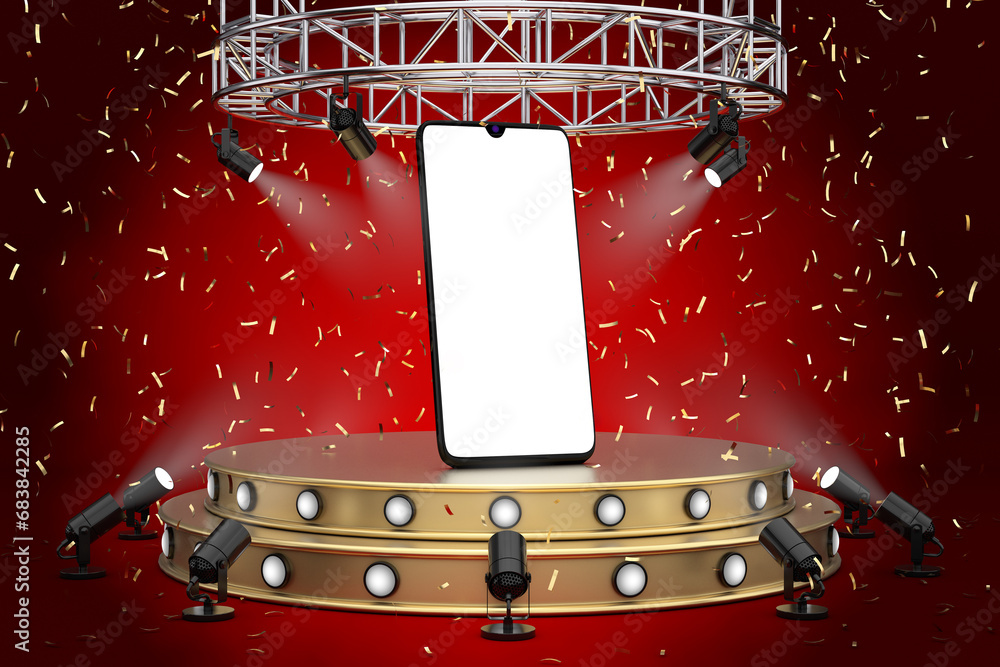 Poster mobile phone mockup on a golden product presentation podium stage with spotlights. 3d rendering