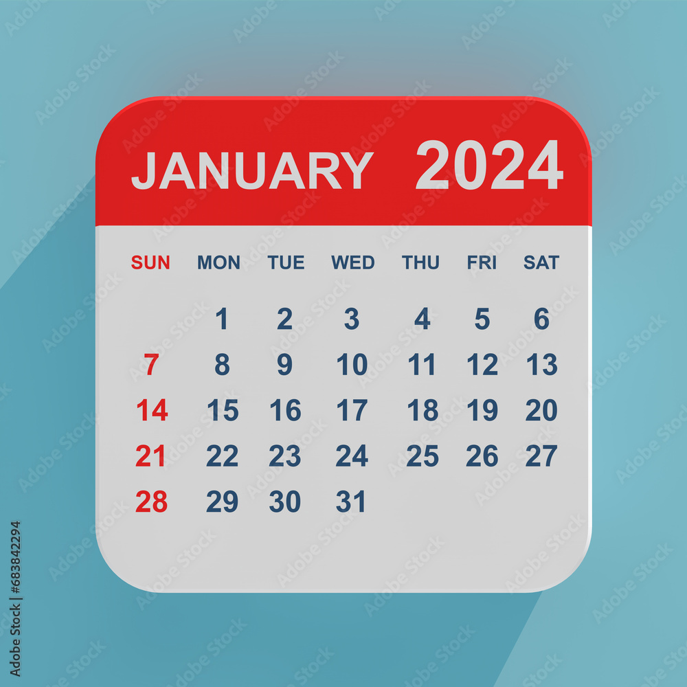 Poster flat icon calendar january 2024. 3d rendering