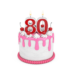 80 Year Birthday Concept. Abstract Birthday Cartoon Dessert Cherry Cake with Eighty Year Anniversary Candle. 3d Rendering