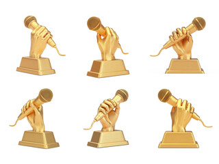 Golden Music Award Trophy in Shape of Hand with Microphone in Different Position. 3d Rendering